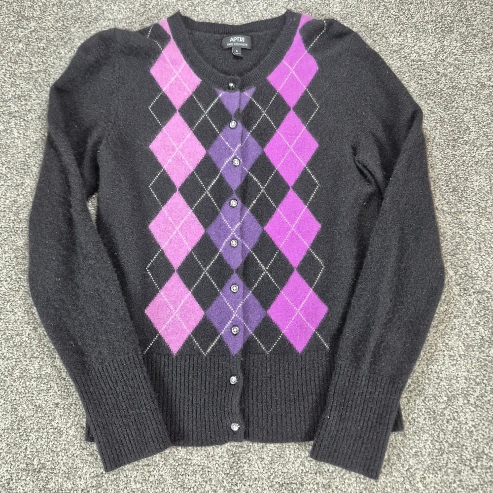 Apt‎ 9 100% Cashmere Sweater Womens Small Black Purple Argyle Cardigan